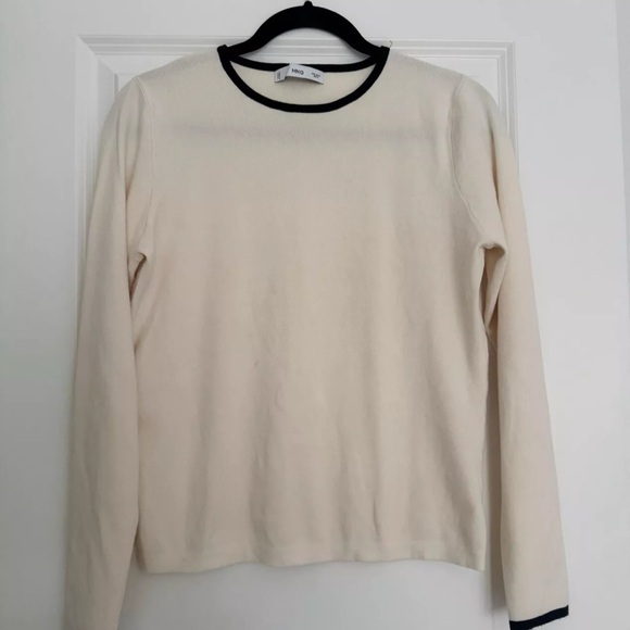 MANGO MNG women’s crewneck beige & black trim knit sweater Large 10 12 - Picture 2 of 3